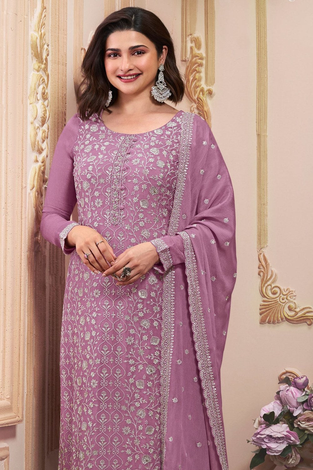 Rose Gold Chinon Silk Long Kameez Suit with Pant and Dupatta For Indian Suit Festivals & Pakistani Weddings - Embroidery Work - close-up view