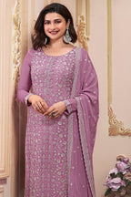 Rose Gold Chinon Silk Long Kameez Suit with Pant and Dupatta For Indian Suit Festivals & Pakistani Weddings - Embroidery Work - close-up view