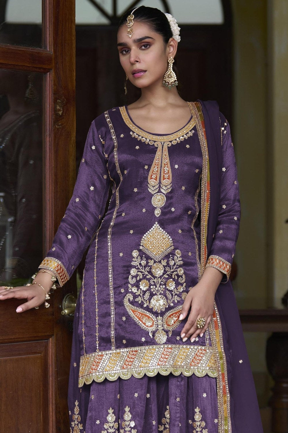 Purple Simmer Silk Kameez with Skirt Suit For Indian & Pakistani Wedding Festival - Thread & Sequins Embroidery Work - close-up view