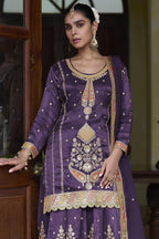 Purple Simmer Silk Kameez with Skirt Suit For Indian & Pakistani Wedding Festival - Thread & Sequins Embroidery Work - close-up view