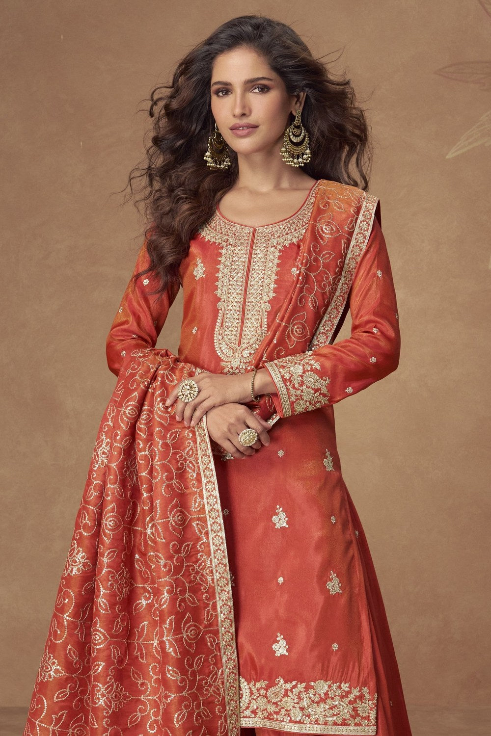 Orange Simmer Silk Kameez With Palazzo Suit For Indian & Pakistani Wedding Festival - Thread & Sequence Embroidery - close-up view