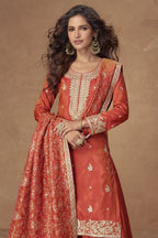 Orange Simmer Silk Kameez With Palazzo Suit For Indian & Pakistani Wedding Festival - Thread & Sequence Embroidery - close-up view