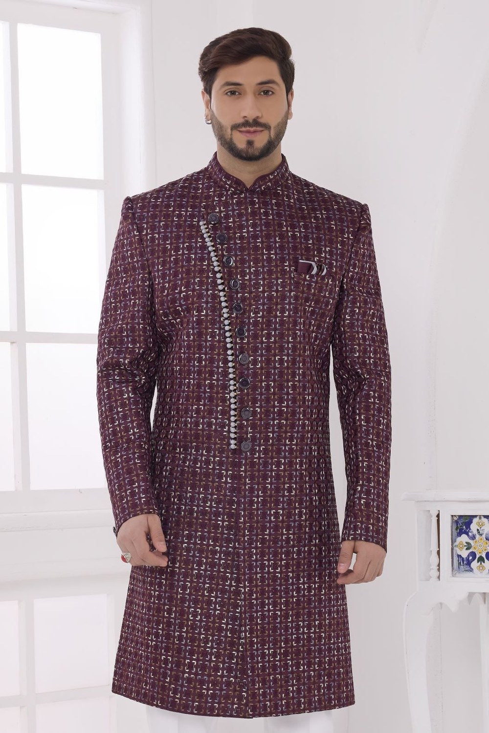 Maroon Art Silk Men's Kurta and Pajama - Thread Embroidered Sherwani - close-up view