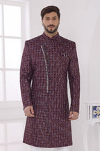 Maroon Art Silk Men's Kurta and Pajama - Thread Embroidered Sherwani - close-up view