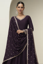 Plum Premium Silk Anarkali Dress for Wedding with Embroidery - close-up view
