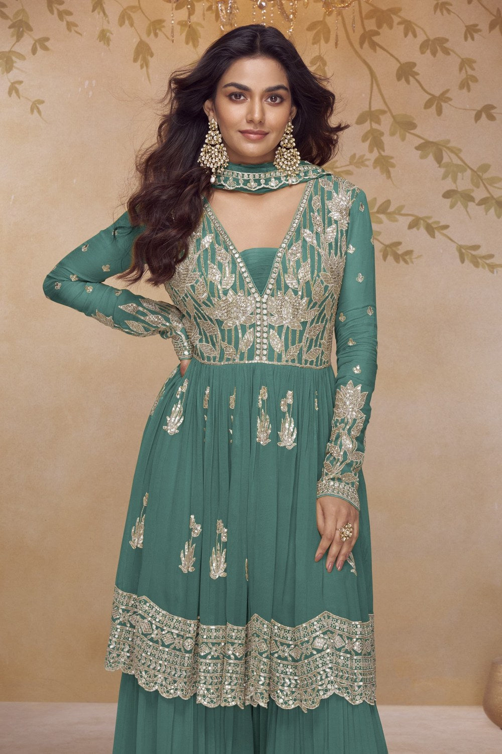 Teal Chinon Silk Latest Plazo Design for Wedding with Embroidery - close-up view