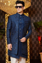 Blue Art Silk Traditional Indo Western Sherwani Long Kurta & Pant for Men for Wedding - Embroidery Work - close-up view