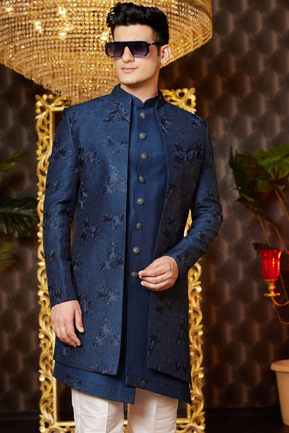 Blue Art Silk Traditional Indo Western Sherwani Long Kurta & Pant for Men for Wedding - Embroidery Work - close-up view