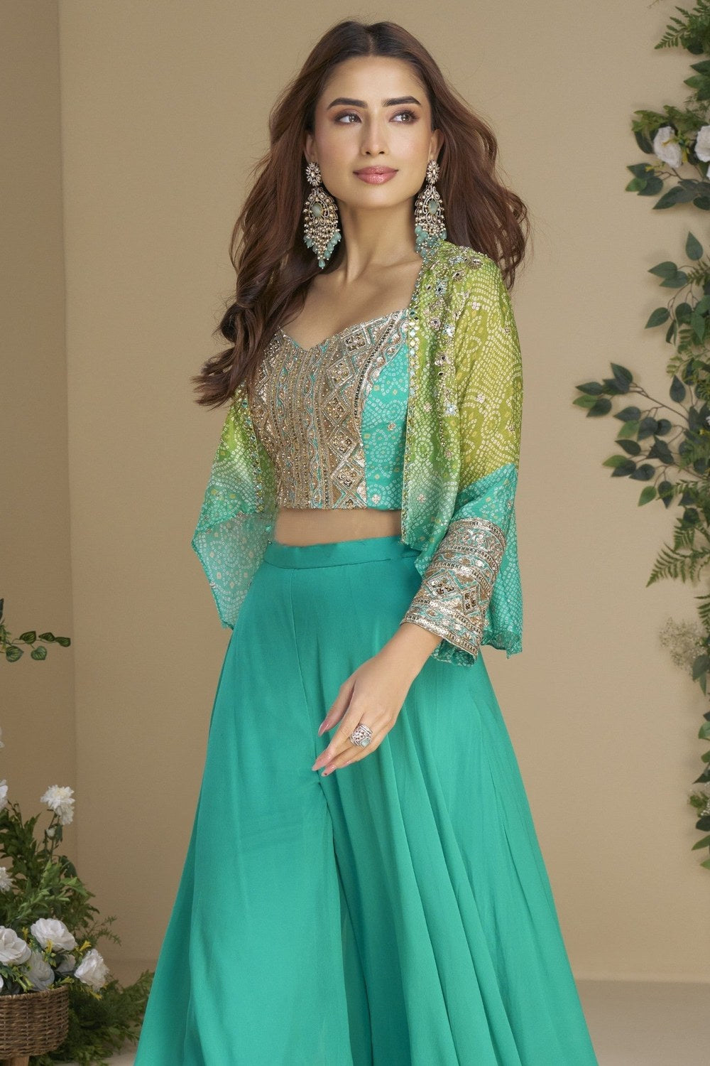 Teal Chinon Silk Palazzo Choli With Jacket For Indian & Pakistani Wedding Festival - Thread & Sequins Embroidery Work, Print Work - close-up view