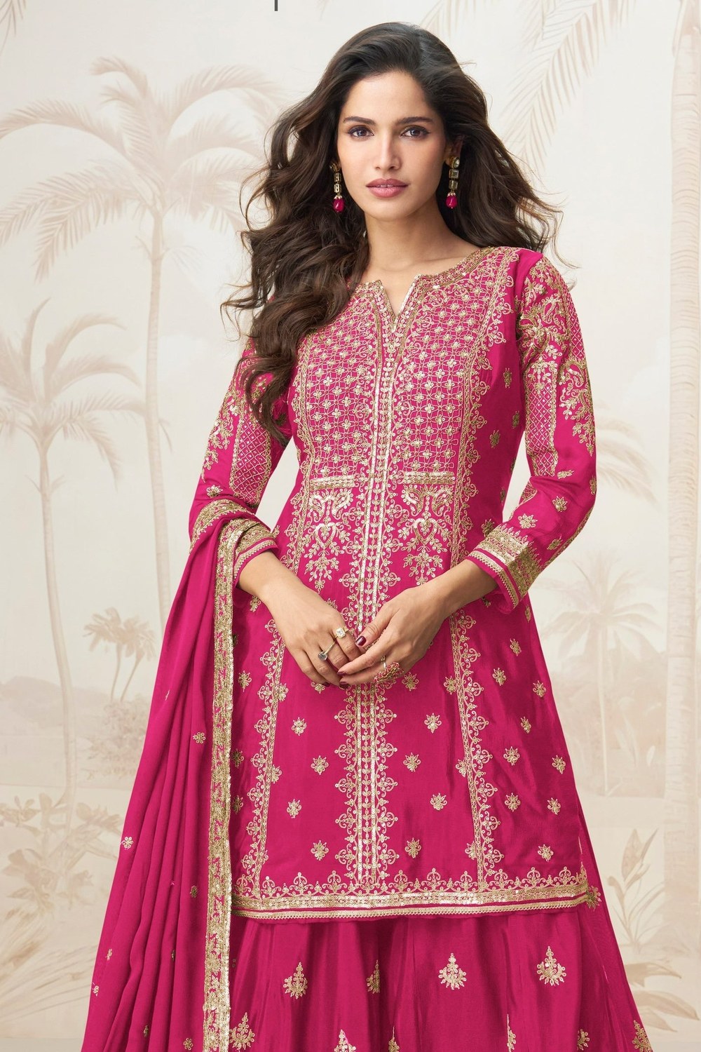 Pink Chinon Silk Palazzo Suit for Indian Wedding Wear For Guests - Sequence Embroidery Work, Embroidery Work - close-up view
