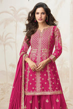 Pink Chinon Silk Palazzo Suit for Indian Wedding Wear For Guests - Sequence Embroidery Work, Embroidery Work - close-up view