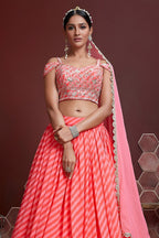 Peach Organza Silk Party Wear Lehenga Choli For Indian & Pakistani Wedding Festival - Sequins & Thread Embroidery Work, Zari Work - close-up view