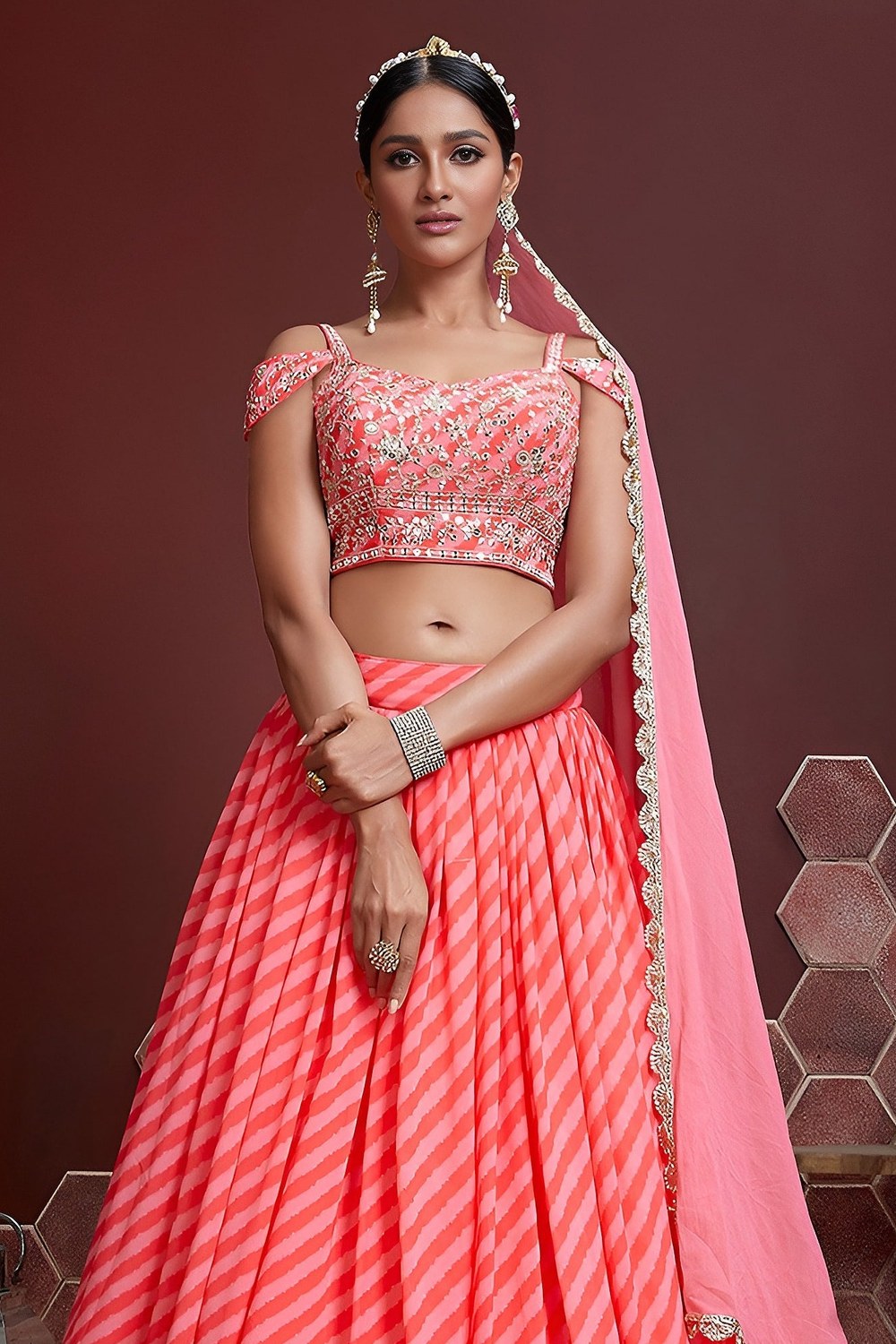 Peach Organza Silk Party Wear Lehenga Choli For Indian & Pakistani Wedding Festival - Sequins & Thread Embroidery Work, Zari Work - close-up view