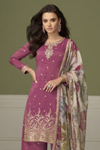 Dark Pink Simmer Silk Indian Palazzo Suits with Thread & Sequins Work - close-up view
