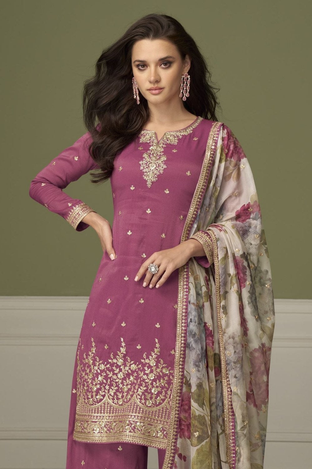 Dark Pink Simmer Silk Indian Palazzo Suits with Thread & Sequins Work - close-up view