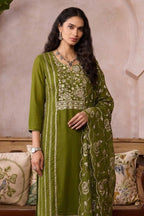 Mehendi Outfits for Guests - Olive Green Organza Embroidered Kameez with Pant - close-up view