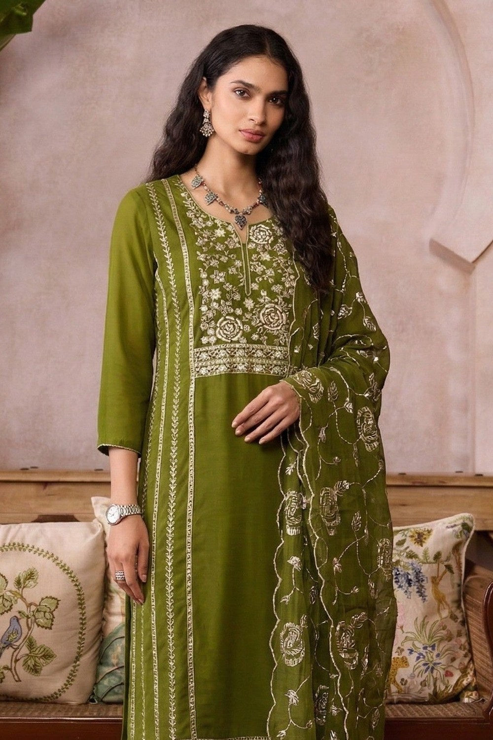 Mehendi Outfits for Guests - Olive Green Organza Embroidered Kameez with Pant - close-up view