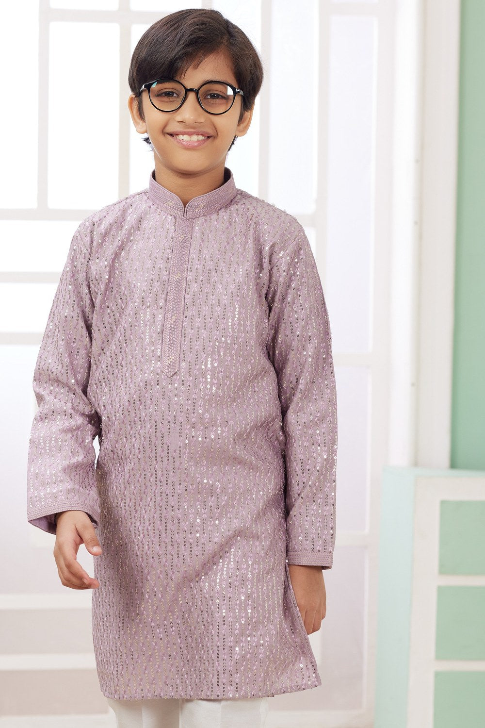 Purple Art Silk 2 Piece Kids Wear Boys Suit Long Kurta Pajama for Kids for Festivals & Wedding - Embroidery Work - close-up view