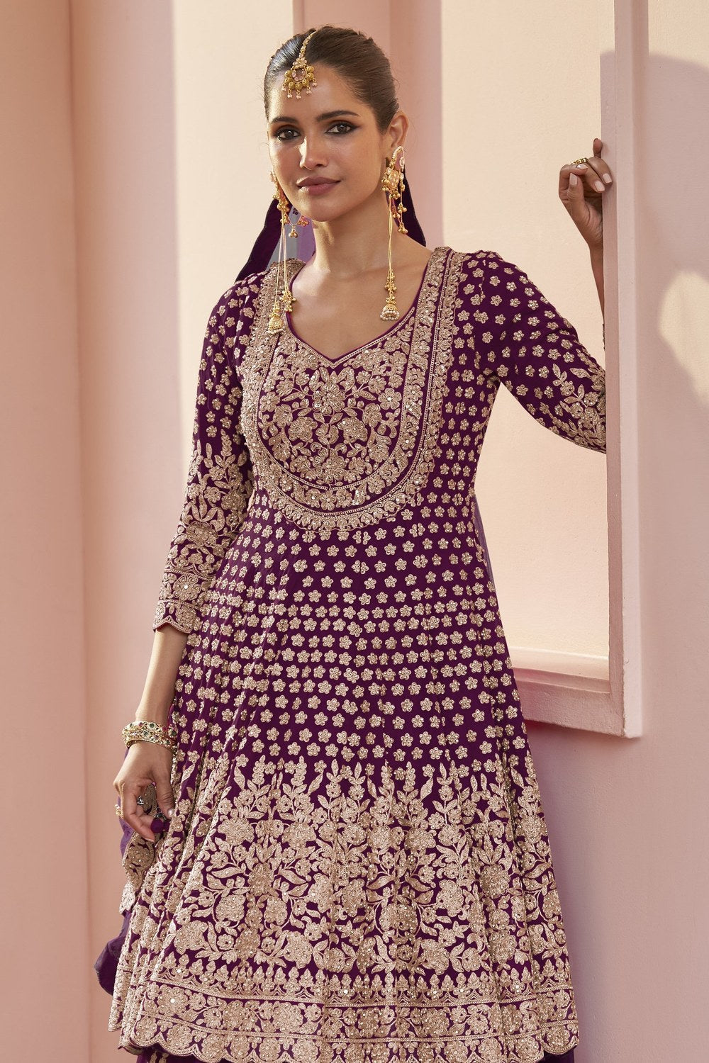 Pakistani Dress Plum Georgette Kameez with Skirt Dori Stone Work - close-up view