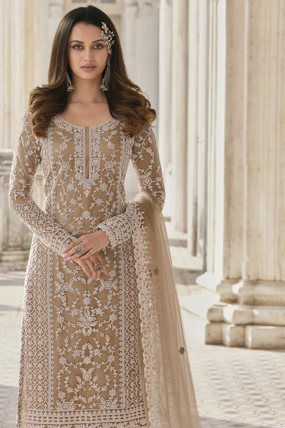 Dark Beige Net Kameez Plazzo Suit For Indian Wedding & Pakistani Festival Dress - Embroidery Work - close-up view