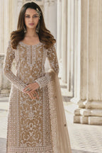 Dark Beige Net Kameez Plazzo Suit For Indian Wedding & Pakistani Festival Dress - Embroidery Work - close-up view