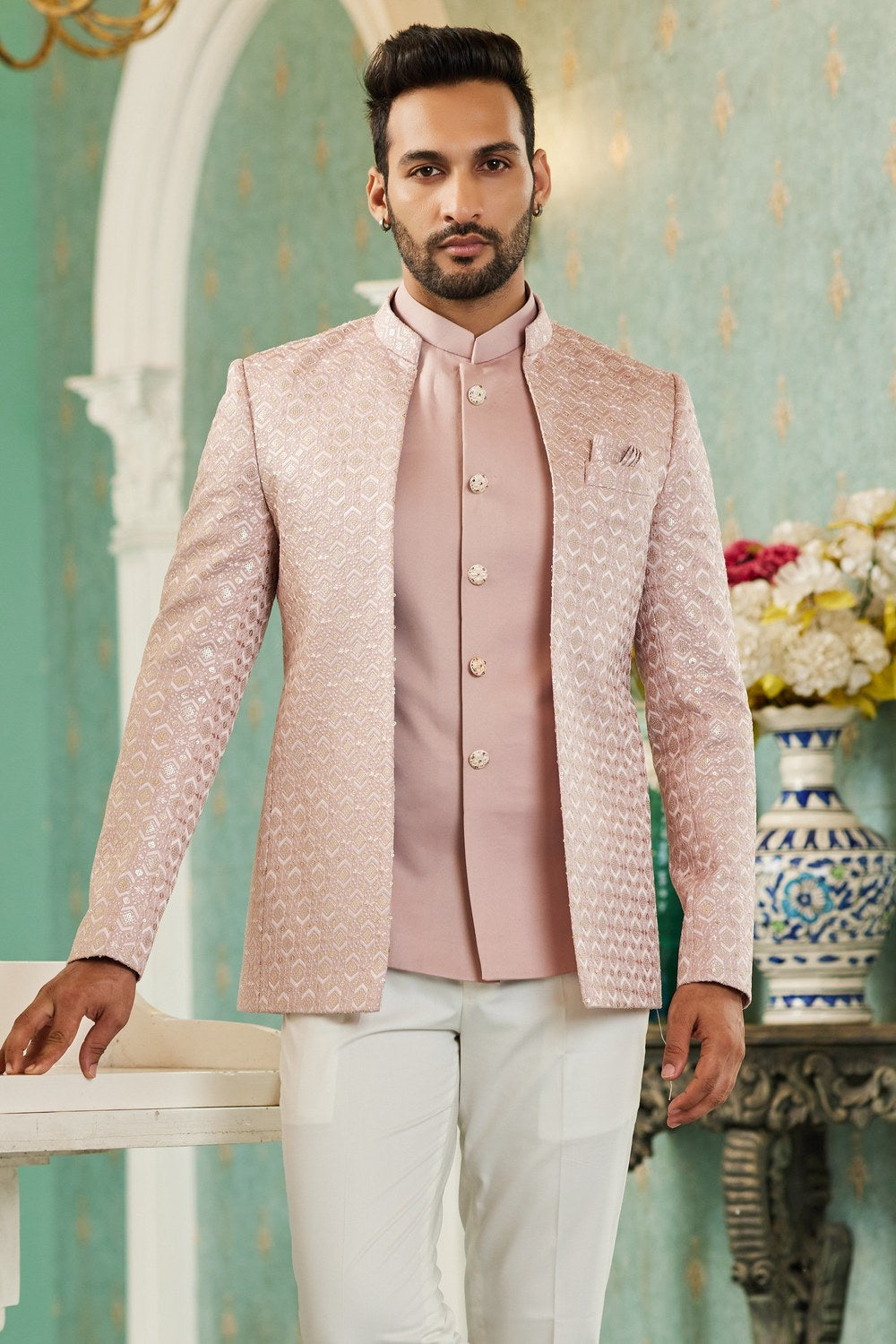 Pink Art Silk Traditional Jodhpuri Suits with Jacket & Pant for Men for Wedding - Thread Embroidery Work - close-up view