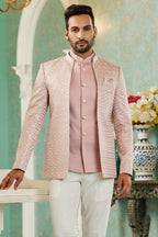Pink Art Silk Traditional Jodhpuri Suits with Jacket & Pant for Men for Wedding - Thread Embroidery Work - close-up view