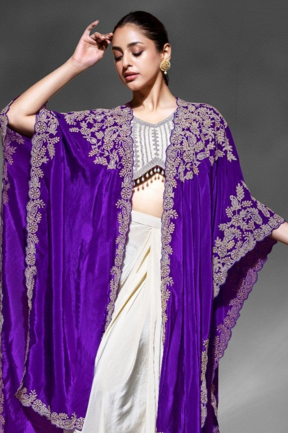 Purple Crepe Blouse With Skirt & Shrug For Indian & Pakistani Wedding Festival - Dori Work, Embroidery Work - close-up view