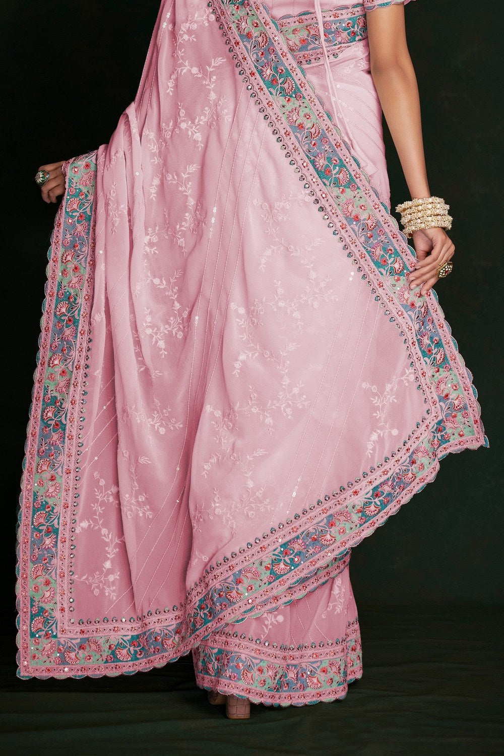 Pink Georgette Sarees with Blouse for Weddings | Indian Sari for Festival - Lucknowi Work - hem and footwear detail