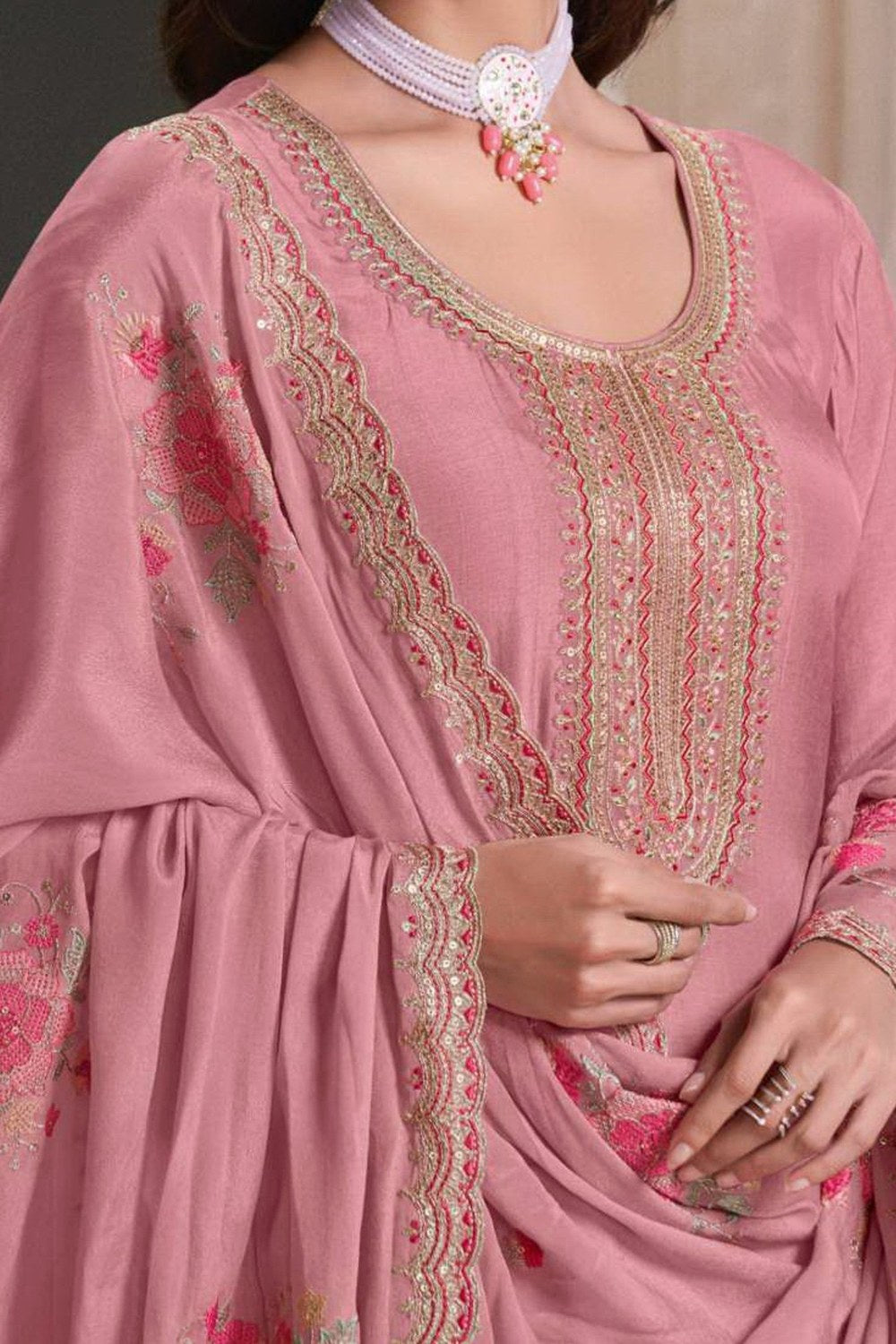 Pink Muga Silk Anarkali Suit For Indian & Pakistani Wedding Festival - Zari Work, Thread & Sequence Embroidery Work - hem and footwear detail