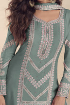 Light Green Indian Wedding Dresses: Chinon Silk Palazzo Suit with Moti & Thread Embroidery - hem and footwear detail
