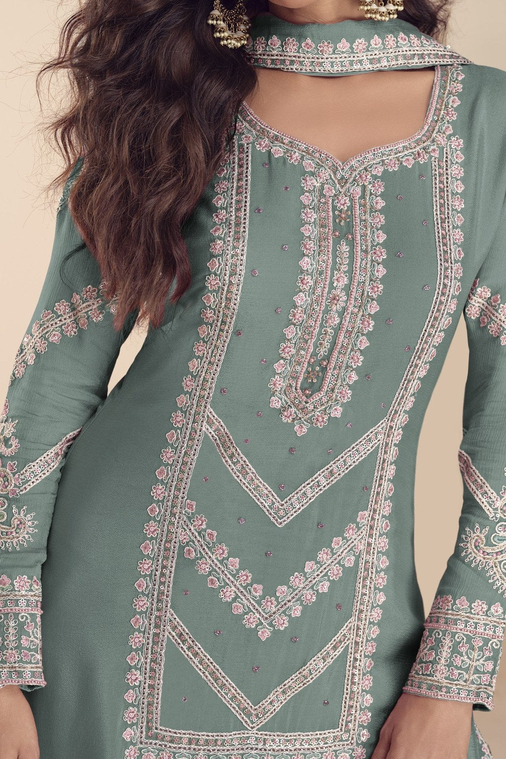 Light Green Indian Wedding Dresses: Chinon Silk Palazzo Suit with Moti & Thread Embroidery - hem and footwear detail
