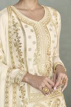 Cream Chinon Silk Plazo Suit For Indian & Pakistani Wedding Festival - Thread & Sequins Embroidery Work, Print Work - hem and footwear detail