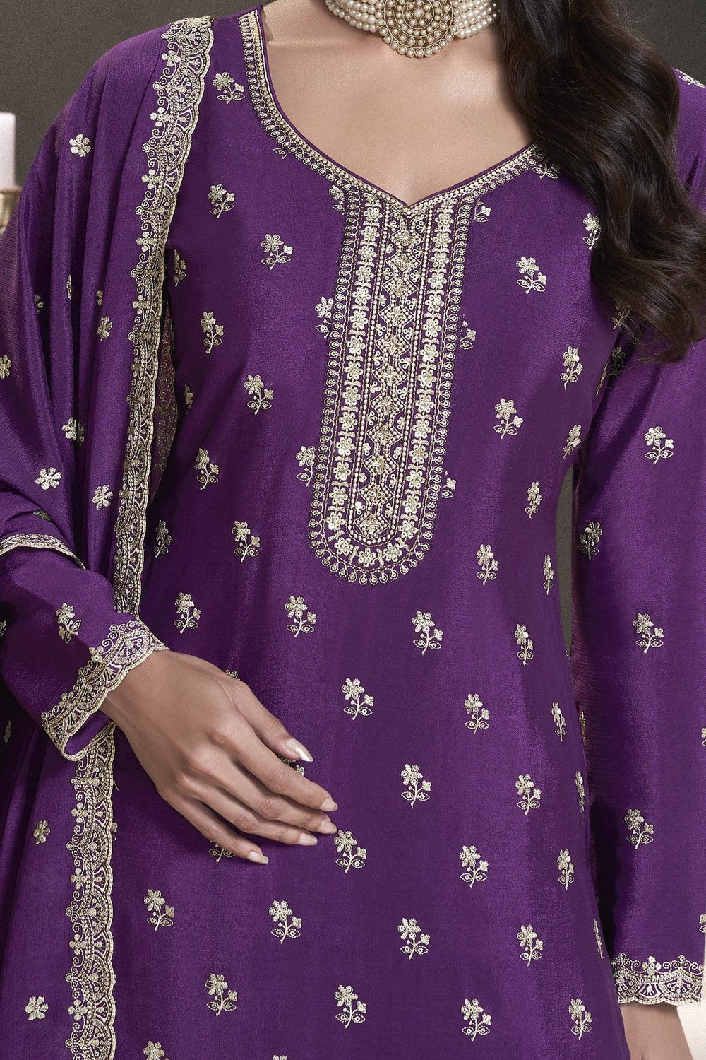 Purple Chinon Silk Sharara Dress for Reception - Embroidery Work - hem and footwear detail