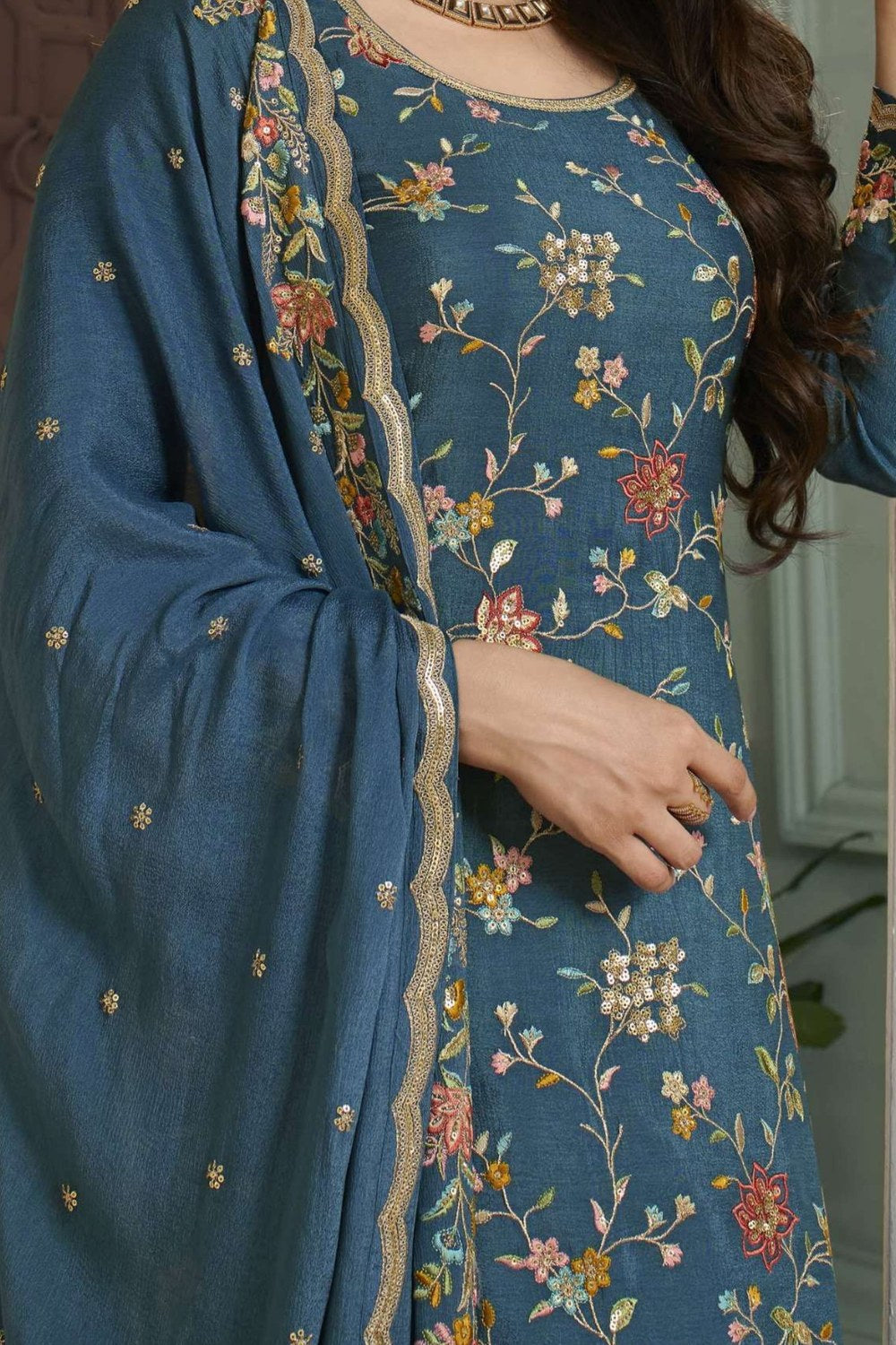 Blue Chinon Silk Floral Plazo Suit For Indian Festivals & Pakistani Weddings Dress - Embroidery Work - hem and footwear detail