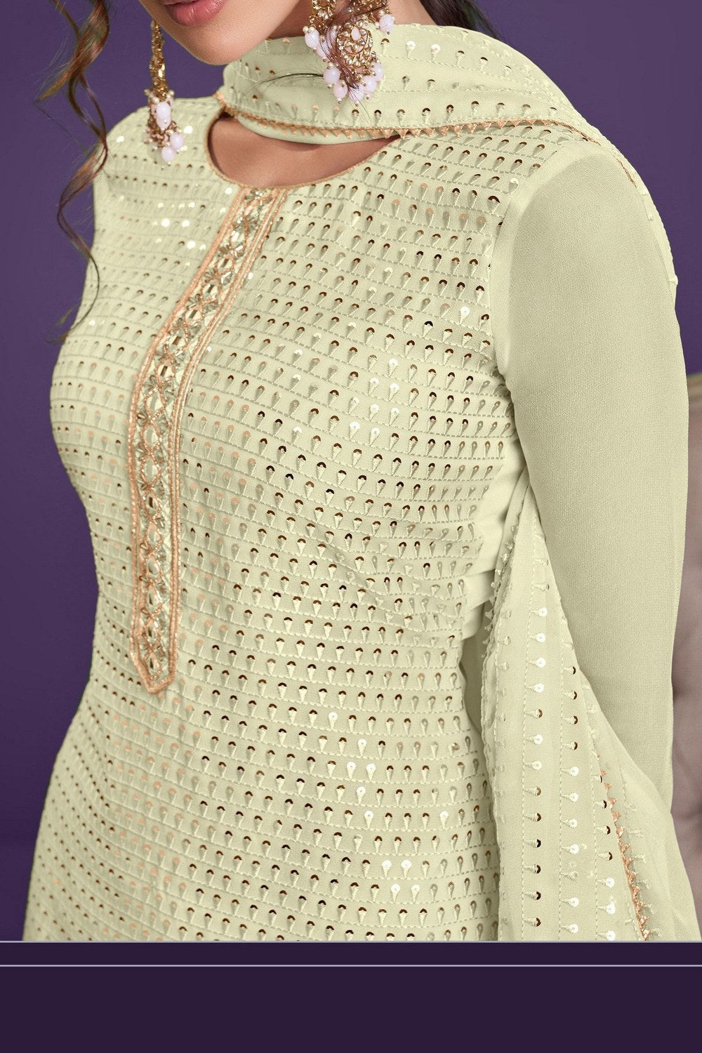 Light Yellow Georgette Sharara Set for Women for Wedding & Henna Ceremony - Sequence & Thread Embroidery Work, Khatli Work - hem and footwear detail