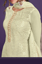 Light Yellow Georgette Sharara Set for Women for Wedding & Henna Ceremony - Sequence & Thread Embroidery Work, Khatli Work - hem and footwear detail