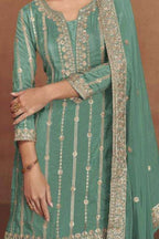 Teal Shimmer Silk Plazo Suit for Wedding Dress For Indian Bride - Embroidery Work - hem and footwear detail