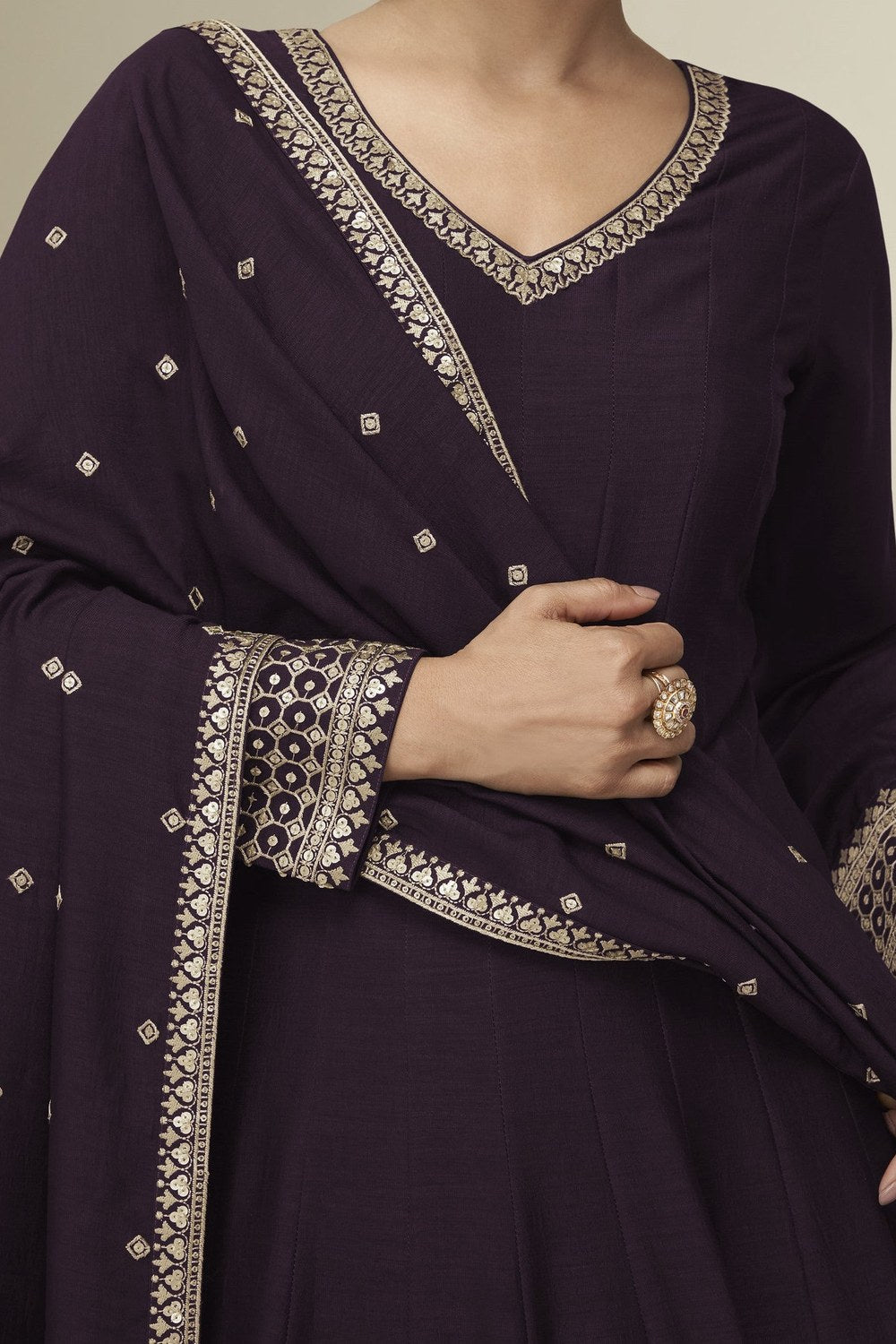 Plum Premium Silk Anarkali Dress for Wedding with Embroidery - hem and footwear detail