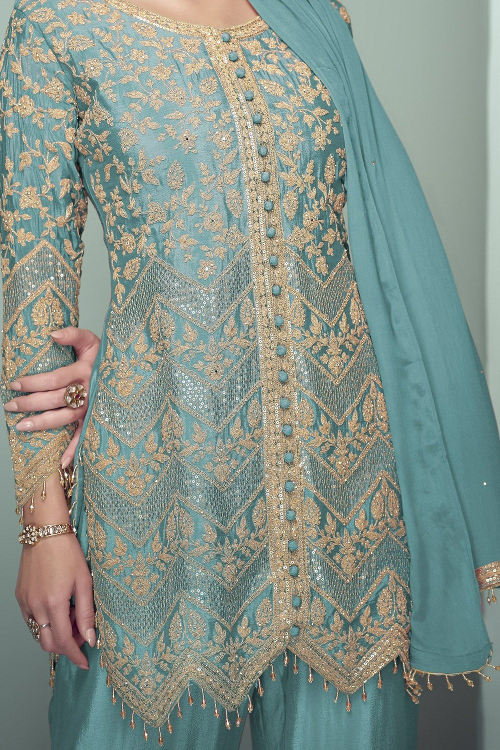 Teal Chinon Silk Kameez With Pant For Indian & Pakistani Wedding Festival - Thread Embroidery Work, Sequence Embroidery Work - hem and footwear detail
