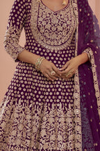 Pakistani Dress Plum Georgette Kameez with Skirt Dori Stone Work - hem and footwear detail