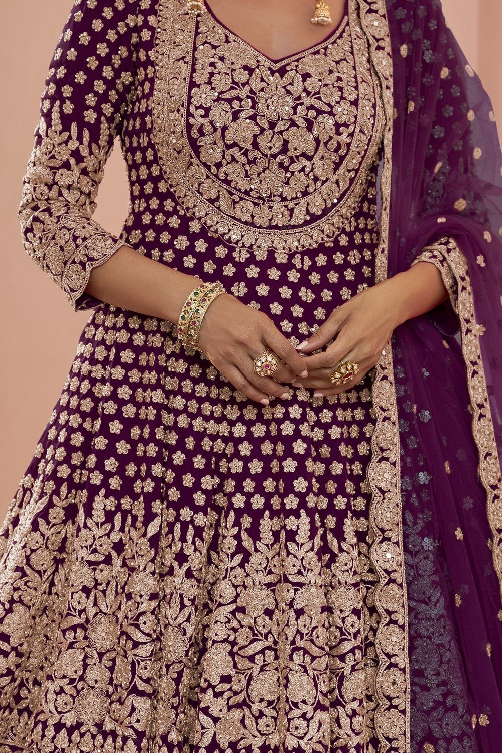 Pakistani Dress Plum Georgette Kameez with Skirt Dori Stone Work - hem and footwear detail