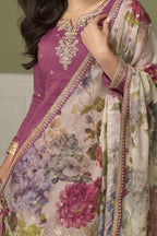 Dark Pink Simmer Silk Indian Palazzo Suits with Thread & Sequins Work - hem and footwear detail