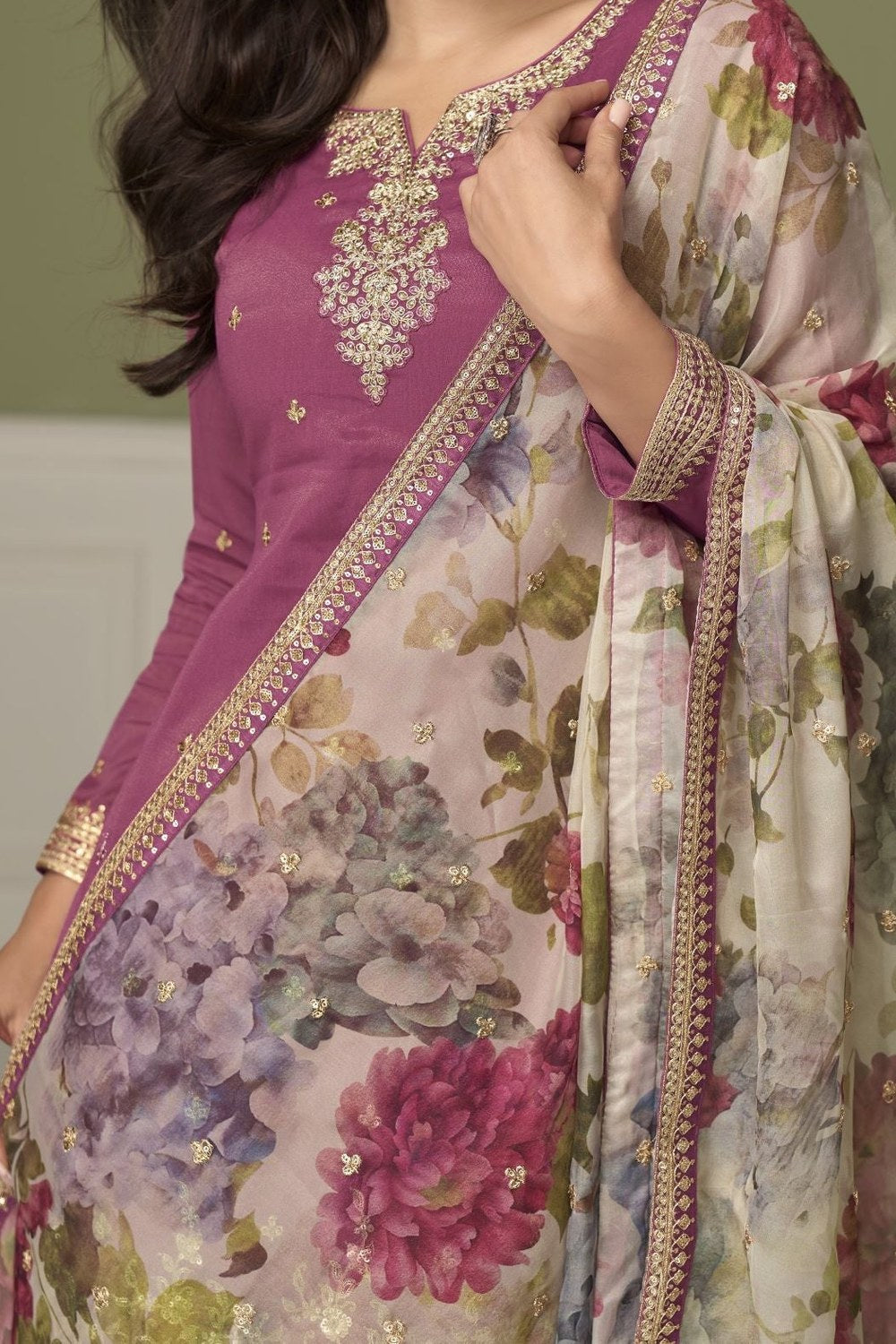 Dark Pink Simmer Silk Indian Palazzo Suits with Thread & Sequins Work - hem and footwear detail