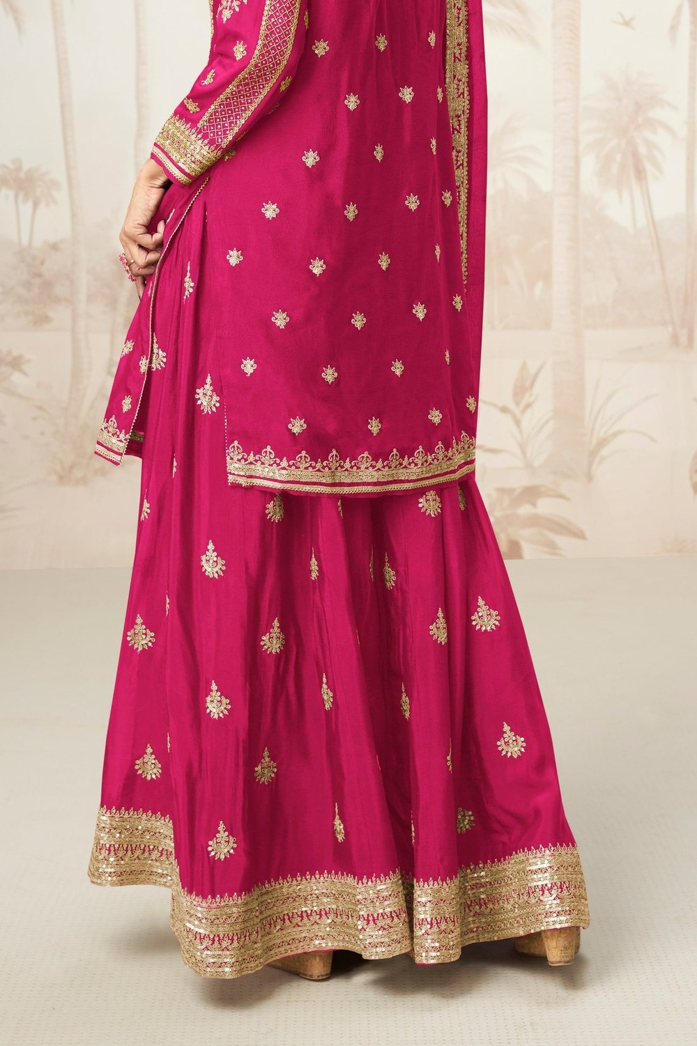 Pink Chinon Silk Palazzo Suit for Indian Wedding Wear For Guests - Sequence Embroidery Work, Embroidery Work - hem and footwear detail