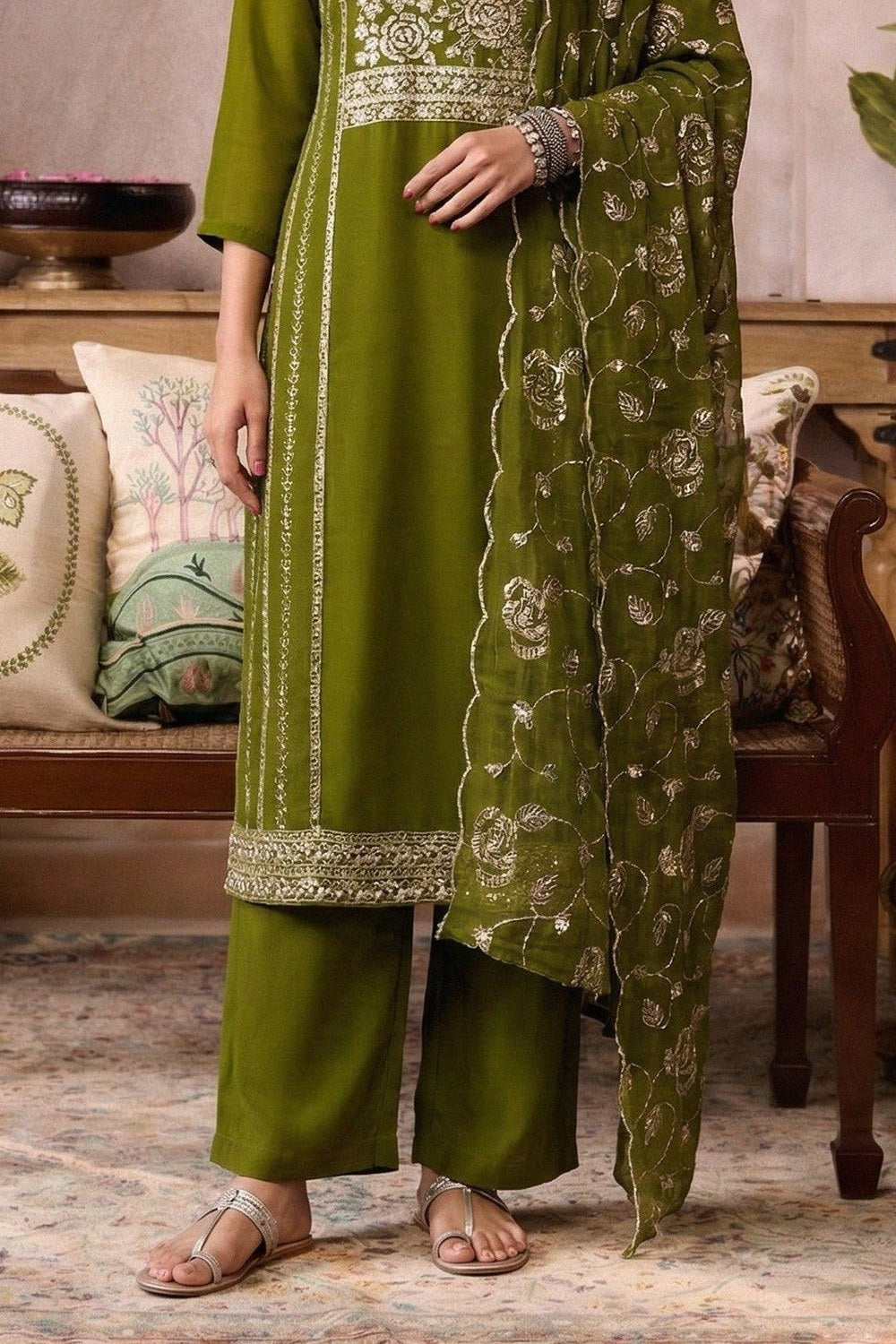 Mehendi Outfits for Guests - Olive Green Organza Embroidered Kameez with Pant - hem and footwear detail