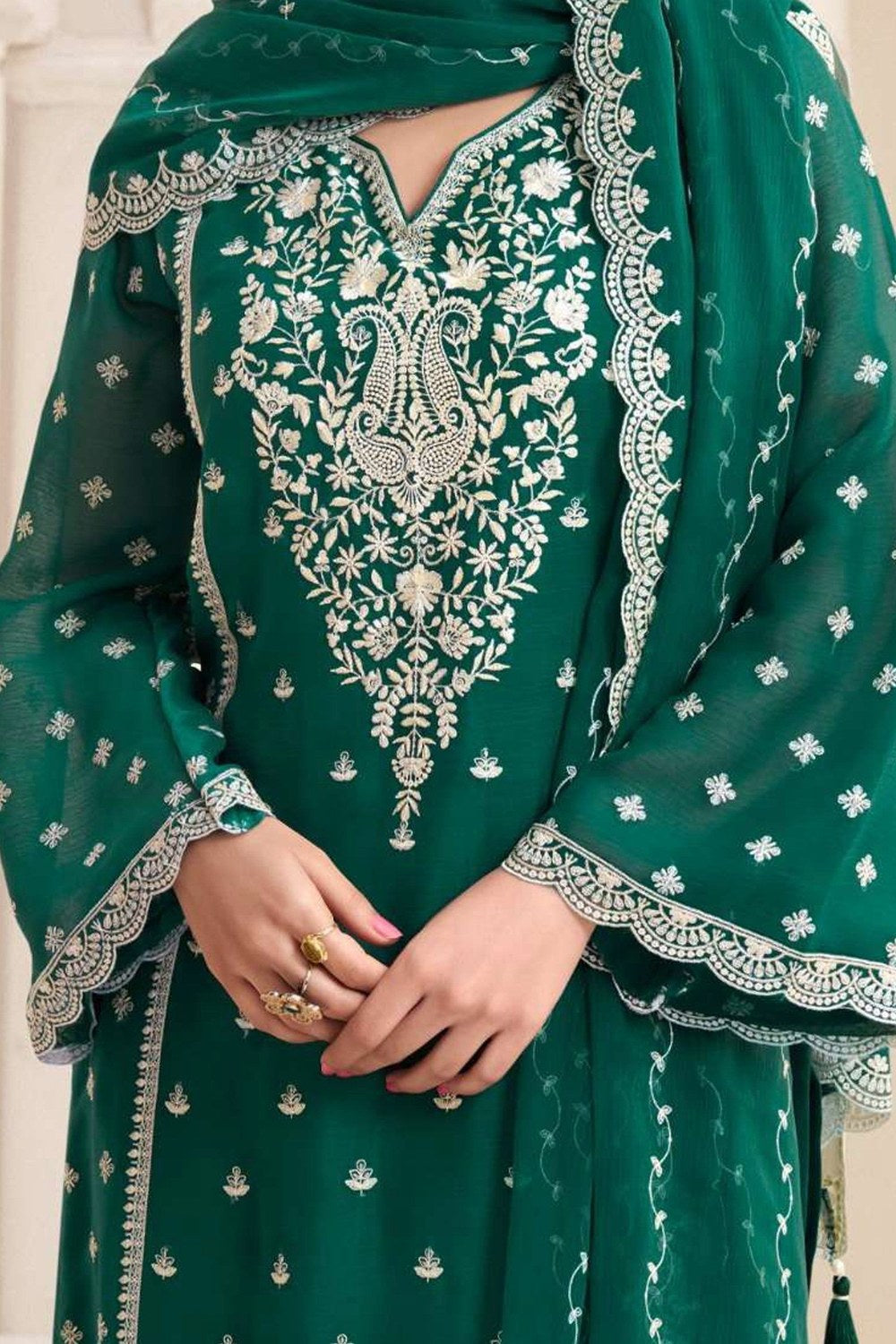 Green Chiffon Silk Long Kameez Pant Suit For Indian Festivals & Weddings - Embroidery Work - hem and footwear detail
