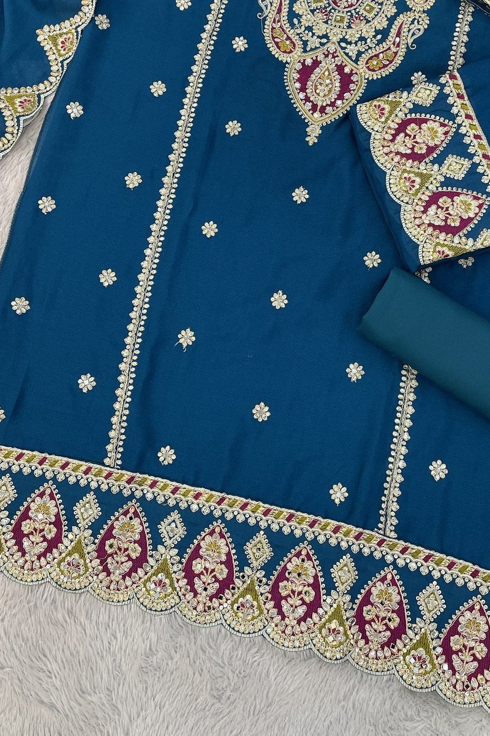 Teal Chinon Silk Kameez With Palazzo Suit For Indian & Pakistani Wedding Festival - Thread & Sequence Embroidery - hem and footwear detail