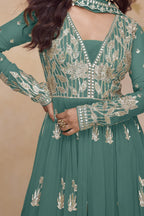 Teal Chinon Silk Latest Plazo Design for Wedding with Embroidery - hem and footwear detail