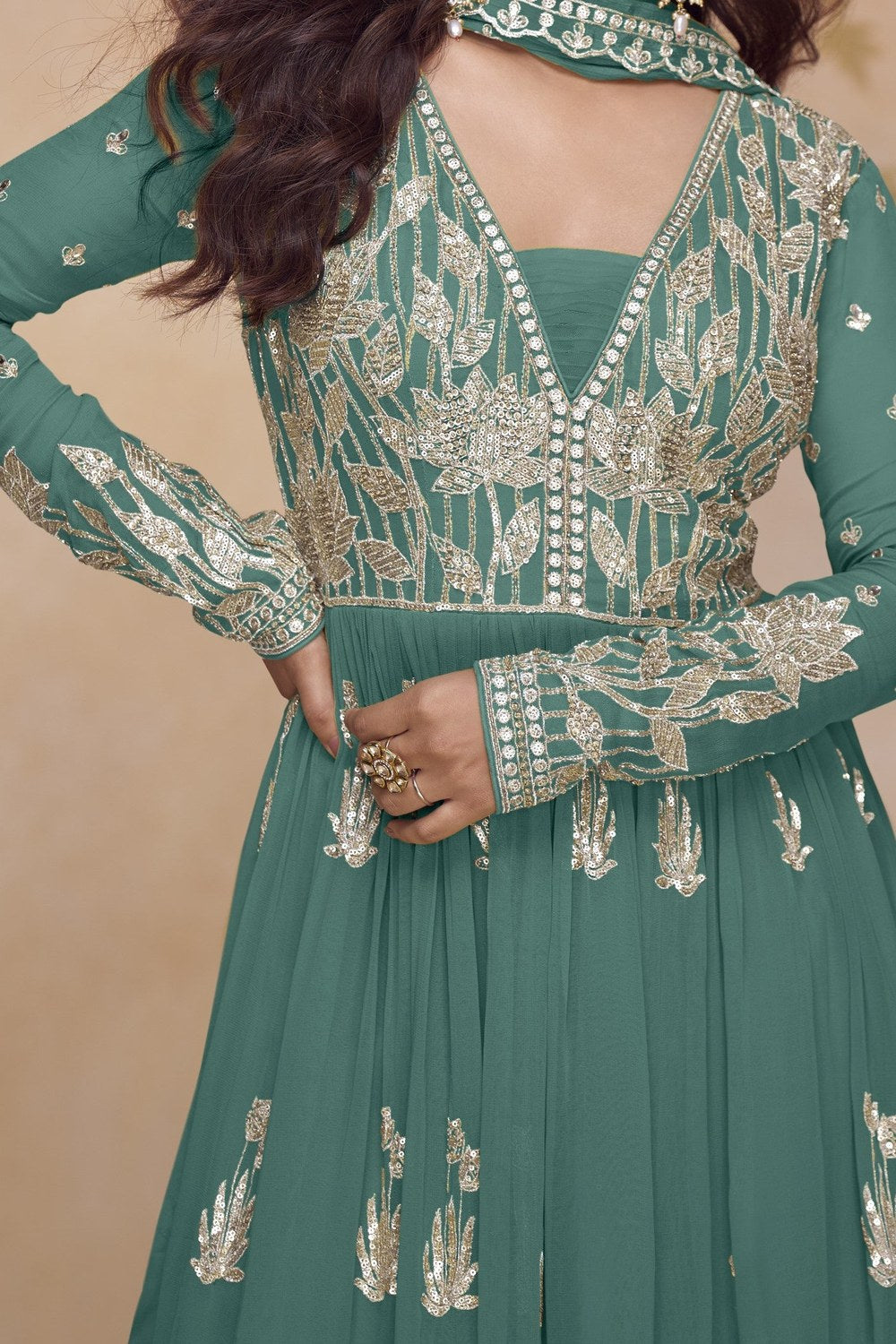 Teal Chinon Silk Latest Plazo Design for Wedding with Embroidery - hem and footwear detail